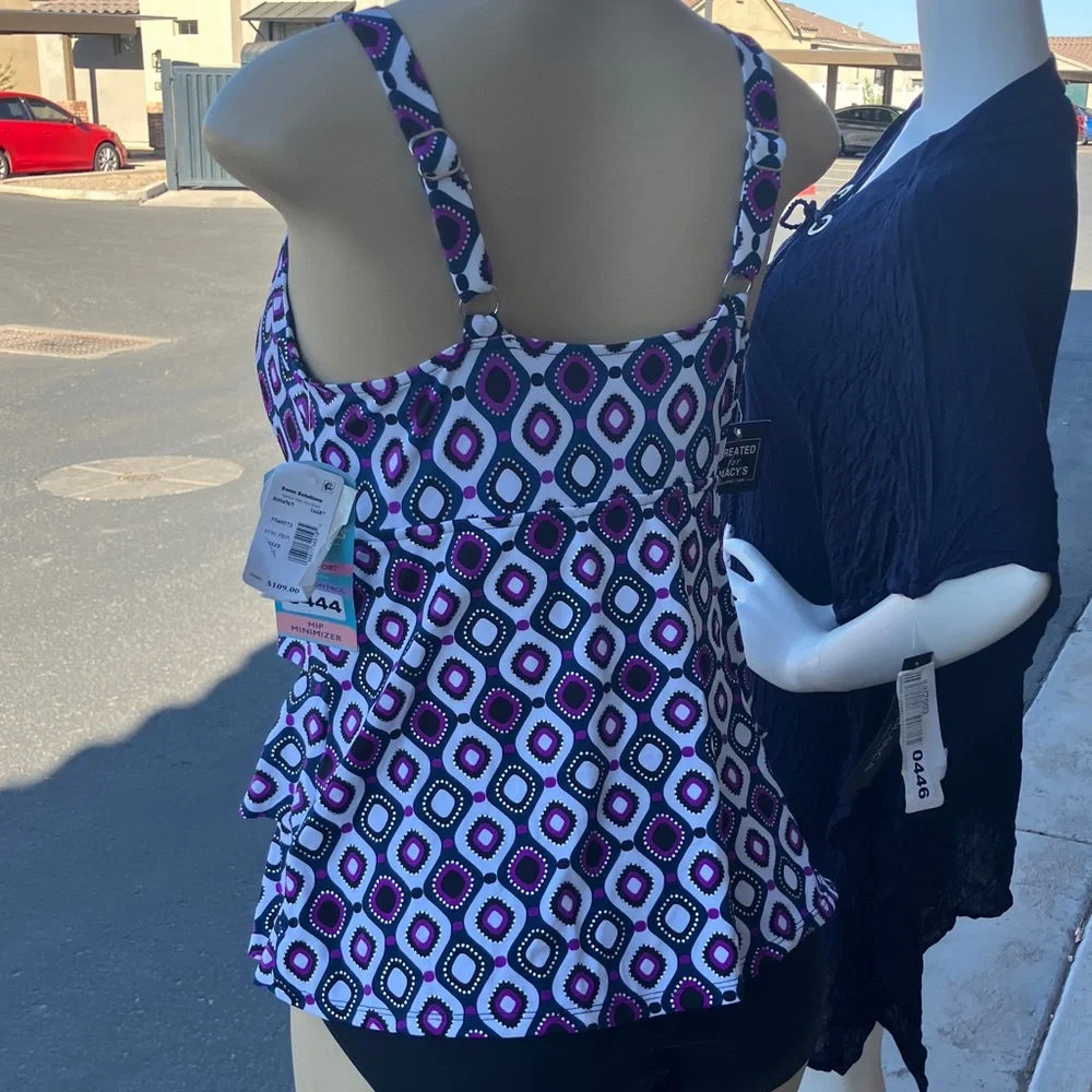 Swim Solutions Black White and Purple Geometric One Piece Swimdress - Picture 5 of 10